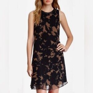 Taylor black and brown floral dress with distressed leather neckline size 4